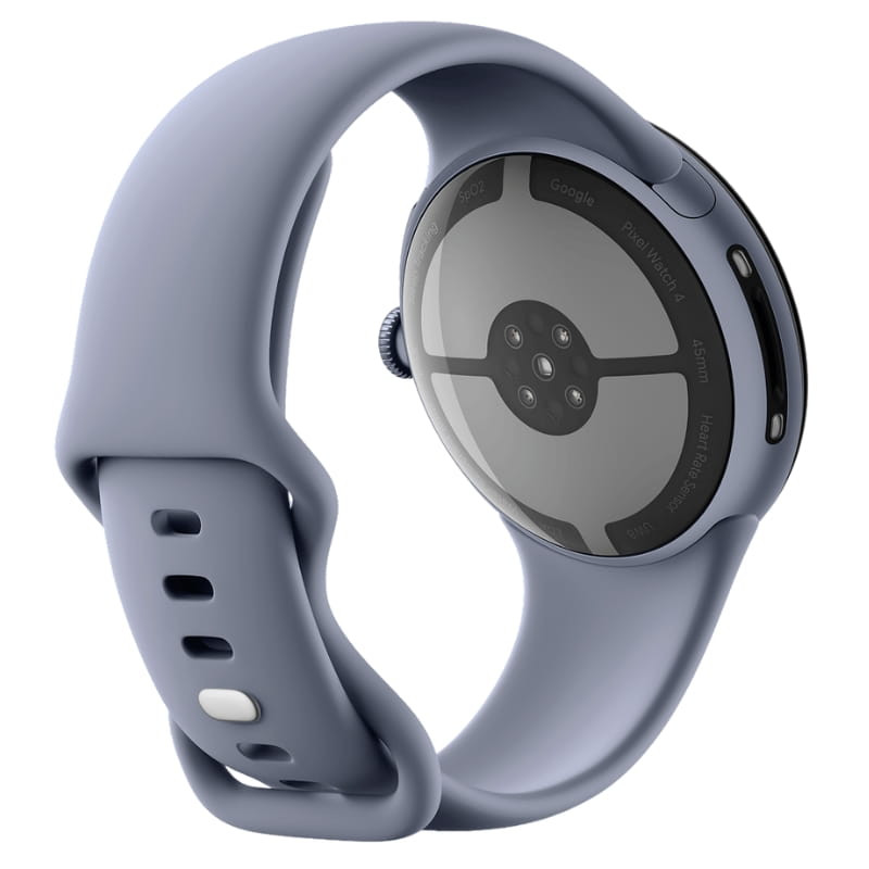 Google Pixel Watch 4 45 mm WiFi Pedra Lunar com caixa arredondada em metal, sensores de saúde no fundo e pulseira de silicone cinza ajustável