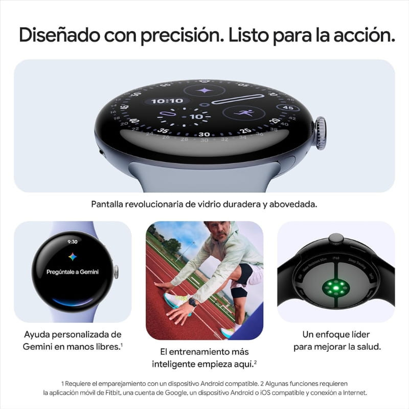 Google Pixel Watch 4 45 mm WiFi Pedra Lunar com tela curva de vidro durável, mostrador preto elegante, coroa lateral e sensores verdes de saúde no fundo