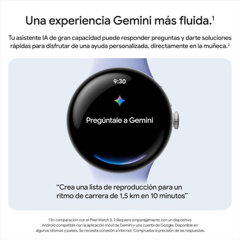 Google Pixel Watch 4 45 mm WiFi Pedra Lunar com caixa redonda, tela curva preta, bordas finas e pulseira azul; mostrador com assistente Gemini ativo