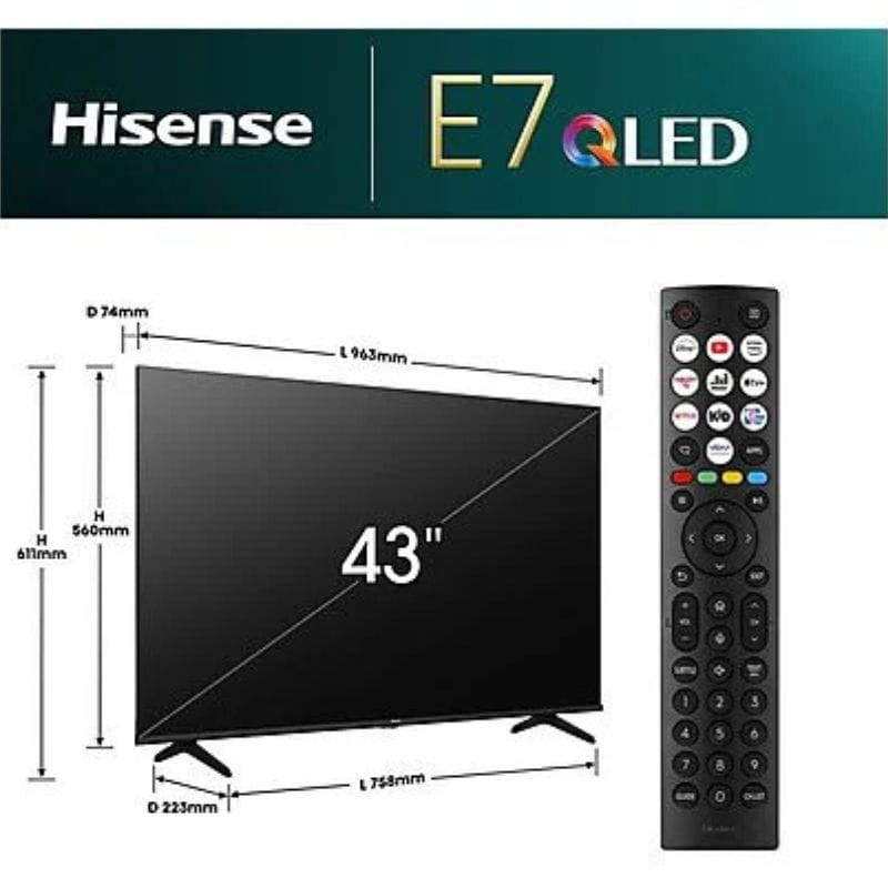 Etiqueta de eficiência energética para Hisense 43E77NQ: classe E, consumo 42 kWh/1000h, HDR, 73 kWh/1000h com HDR, resolução 3840x2160, diagonal 108 cm