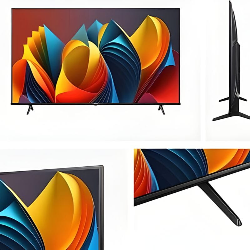 Hisense 43E77NQ 43 QLED 4K com moldura fina, pés em V e tela vibrante com cores intensas e detalhes nítidos; design elegante e perfil ultrafino