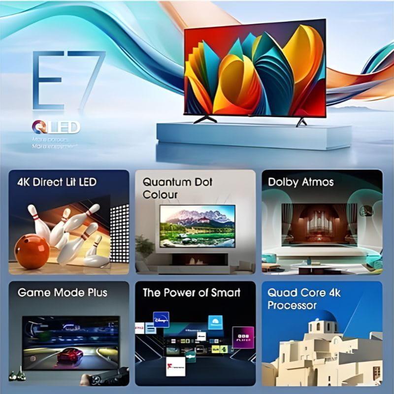 Painel lateral do Hisense 43E77NQ: portas HDMI 2.1, USB, CI, fone, AV, áudio digital óptico, Ethernet e antena, organizadas com ícones claros e etiquetas