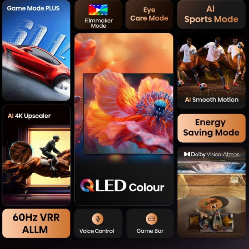 Hisense 55E77Q 55 pouces QLED 4K avec couleurs vives, AI 4K upscaler, 60 Hz VRR ALLM, Motion AI, Filmmaker Mode, Dolby Vision Atmos, économies d’énergie