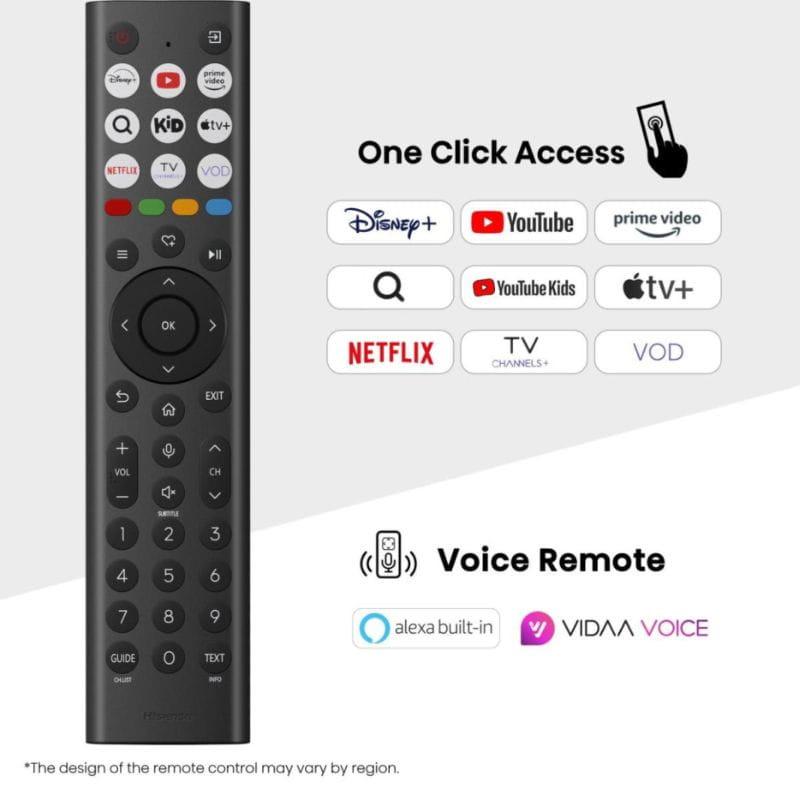 Télécommande Hisense 55E77Q: accès rapide aux apps Disney+, Netflix, YouTube, Prime Video; commandes vocales Alexa et VIDAA, touches colorées et numériques