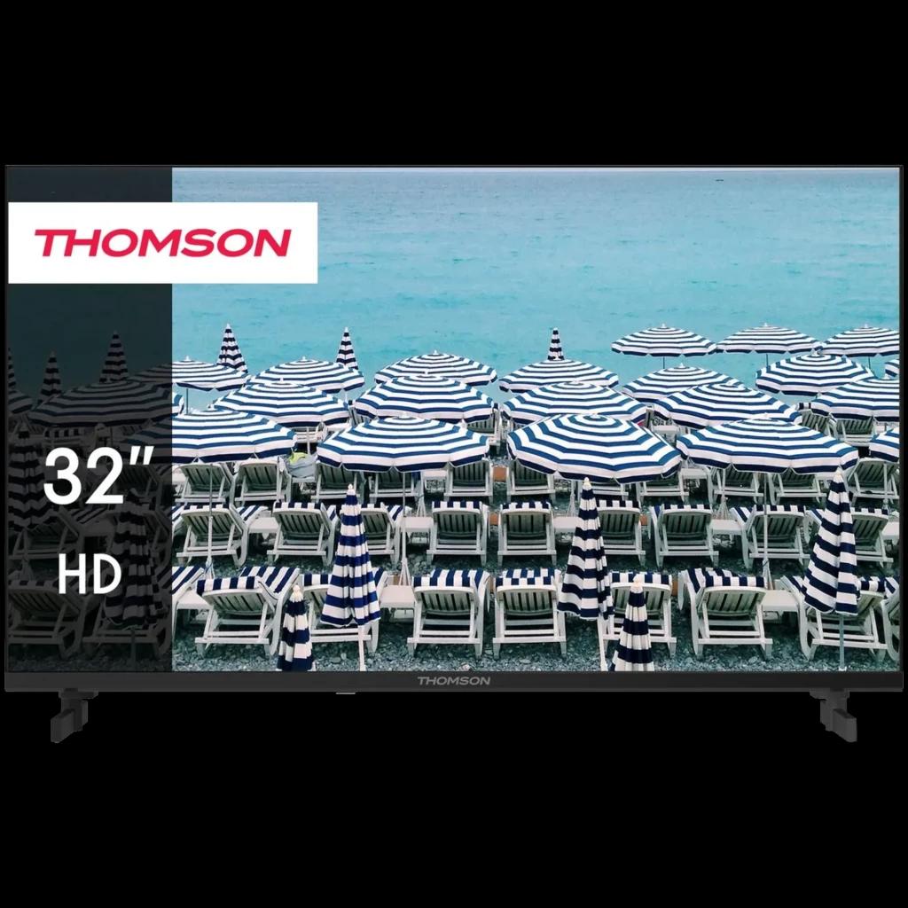 Thomson 32HD2S13 téléviseur LED 32 pouces HD écran plat fin bords minces pied double image nette couleurs vives idéal petits salons et chambres