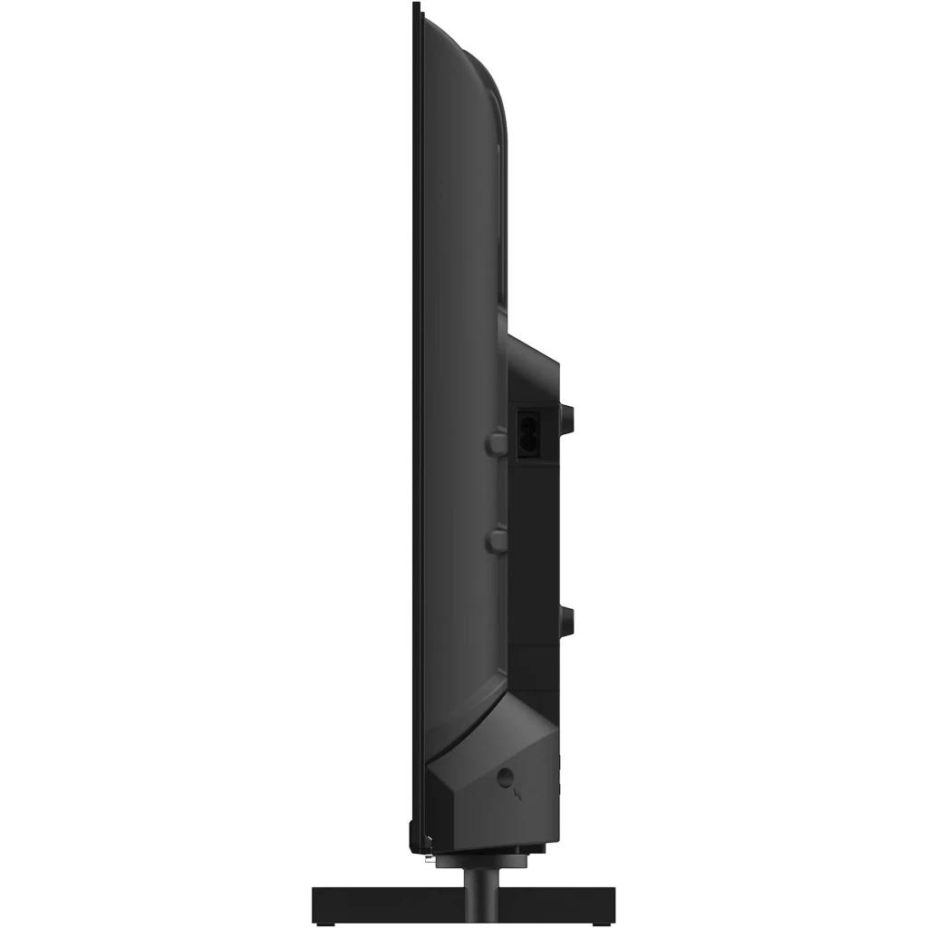 Profil latéral du téléviseur Thomson 32HD2S13 32 pouces HD LED Easy TV, écran fin, bords noirs, dos texturé, connectique latérale, pied central robuste