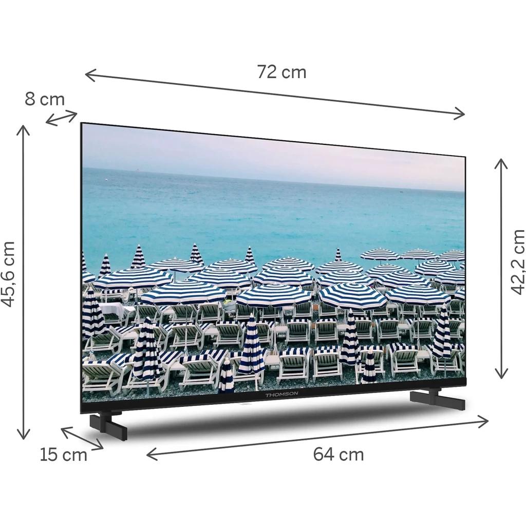 Thomson 32HD2S13 32 pouces HD LED avec bords fins, image nette, pieds espacés de 64 cm, épaisseur 8 cm, hauteur 45,6 cm, largeur 72 cm