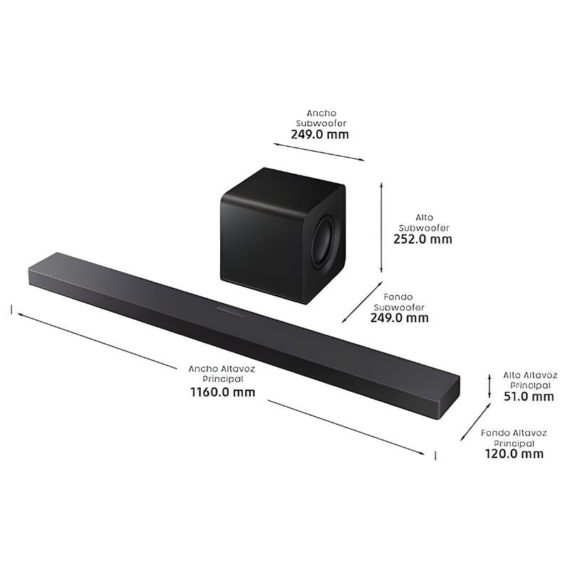 Samsung HW-QS700F/ZF 3.1.2 345 W Negro - Barra de sonido, medidas de la barra y el subwoofer en mm