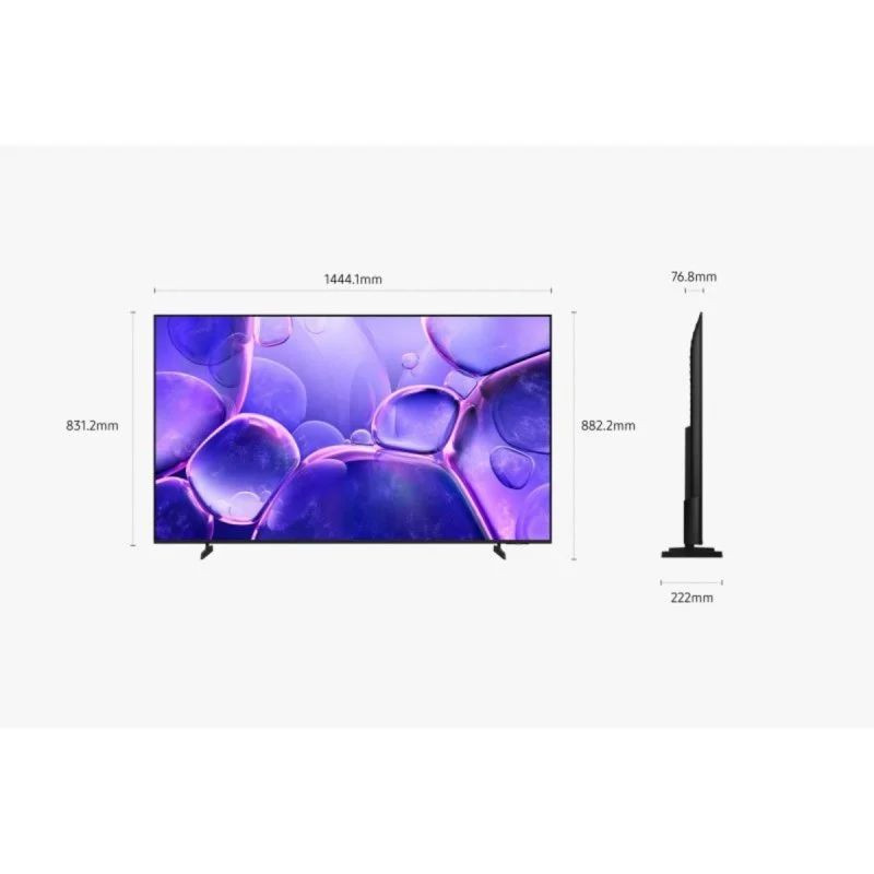 Pantalla Samsung TU65U8005FU 65" 4K UHD LED, marco delgado negro, perfil ultrafino (76.8 mm), soporte doble, dimensiones 1444.1×831.2×222 mm.