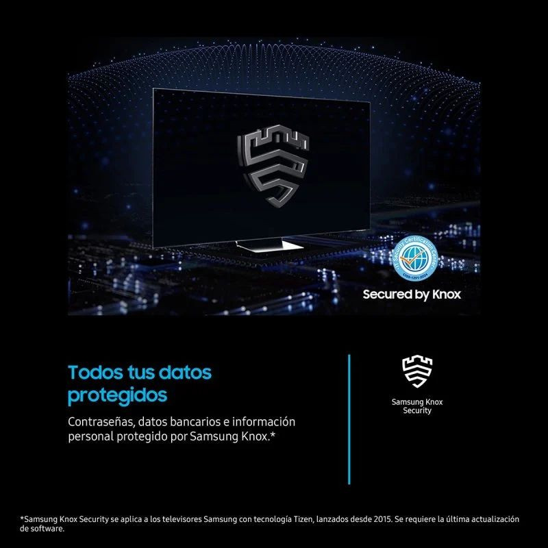 Samsung TU75U8005FU 75" 4K UHD LED Smart TV con pantalla amplia, bordes delgados, peana central y sello de seguridad Samsung Knox destacado en pantalla.
