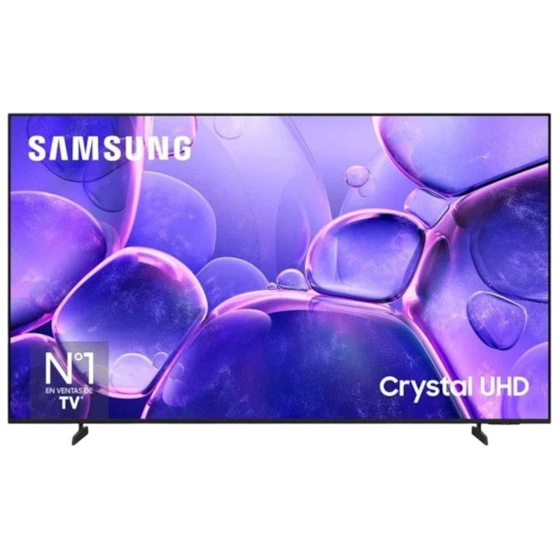 Samsung TU85U8005FU 85" 4K UHD LED Smart TV com tela ampla, bordas finas, pés duplos e painel Crystal UHD exibindo cores vibrantes em roxo.