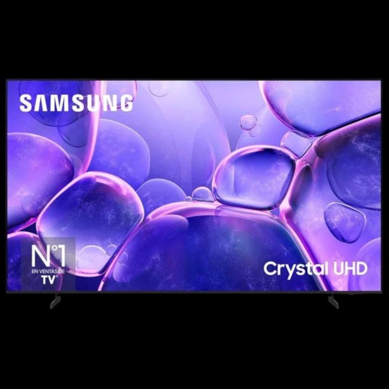 Samsung TU85U8005FU 85" 4K UHD LED: grand écran fin, bords minces, pieds discrets, image Crystal UHD aux tons violets, Smart TV avec Wi‑Fi intégré.