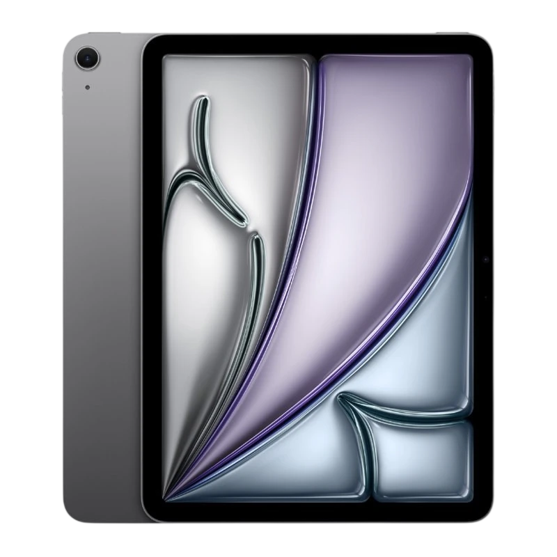 iPad Air 2025 gris 13" avec grand écran bord à bord, bords fins, caméra arrière unique et façade noire; design élégant et épuré.