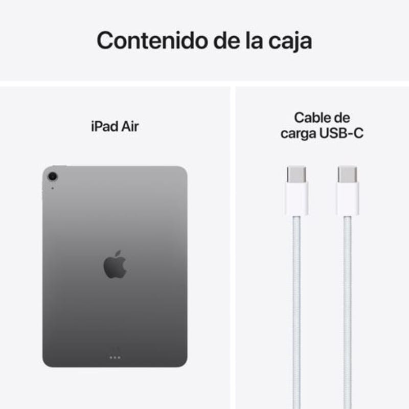 iPad Air 2025 13" gris, dos en aluminium avec logo Apple; caméra arrière unique. Inclus: câble de charge USB‑C tressé. 8 Go/128 Go, Wi‑Fi.