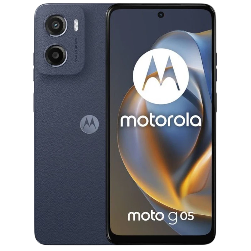 Motorola Moto G05 Azul Denim com traseira texturizada, módulo duplo de câmeras 50 MP, tela HD+ com furo central e bordas finas, 8 GB RAM e 128 GB