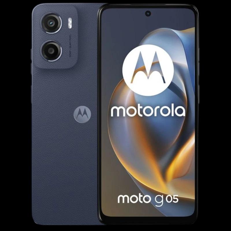 Motorola Moto G05 Azul Denim com traseira texturizada, módulo duplo de câmeras 50 MP, tela HD+ com furo central e bordas finas, 8 GB RAM e 128 GB