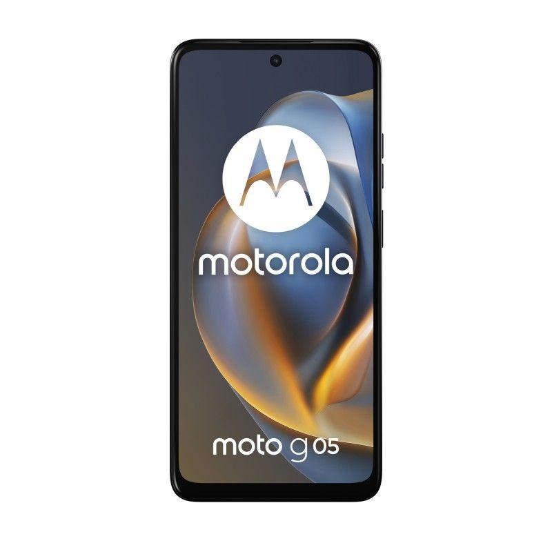 Motorola Moto G05 Azul Denim com ecrã HD+ de bordas finas, câmara frontal em furo central, botões laterais visíveis e logotipo Motorola no ecrã