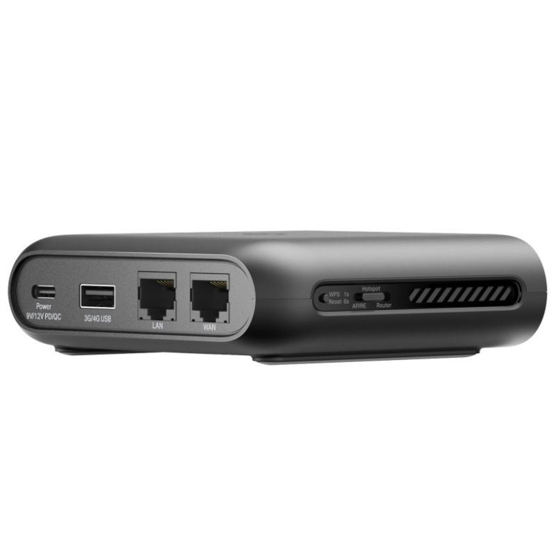 TP-Link TL-WR1502X negro compacto con acabado mate, puertos Gigabit visibles; conectado a laptop y móvil, permite acceso a archivos y doble banda Wi‑Fi