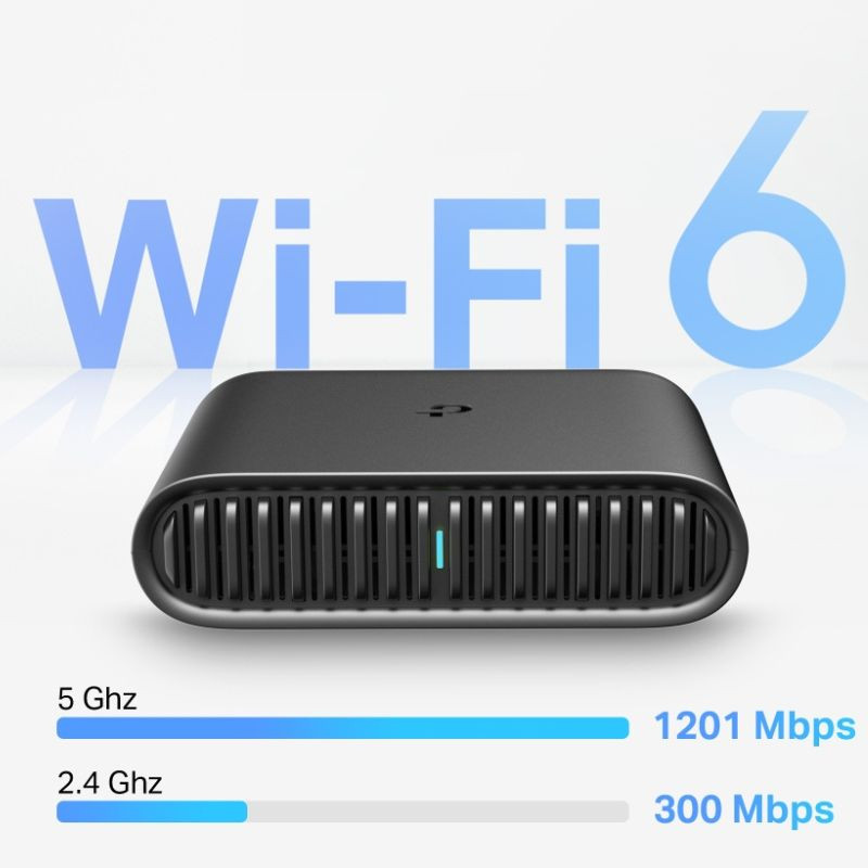 TP-Link TL-WR1502X en negro, compacto con puertos LAN y WAN Gigabit, USB-C de energía, ranuras de ventilación y botones WPS/Reset y modo Router/Mesh
