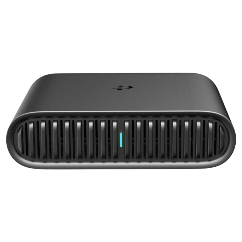 TP-Link TL-WR1502X en negro, diseño compacto con rejilla frontal amplia y luz LED central turquesa, bordes redondeados y acabado mate elegante
