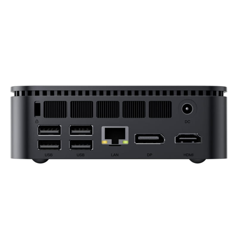 Mini PC Blackview MP100 Pro arrière: 4 ports USB, LAN RJ45, DisplayPort, HDMI et alimentation DC, châssis compact noir à ventilation supérieure