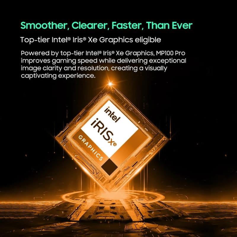 Puces Intel Iris Xe présentées en gros plan, design doré lumineux sur fond sombre, évoquant graphismes fluides et performances rapides du mini PC MP100 Pro