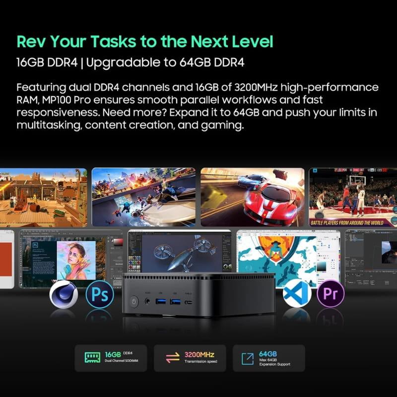 Mini PC Blackview MP100 Pro compact, boîtier noir, ports frontaux USB et audio, double sortie HDMI, idéal multitâche et création avec 16 Go DDR4 évolutifs