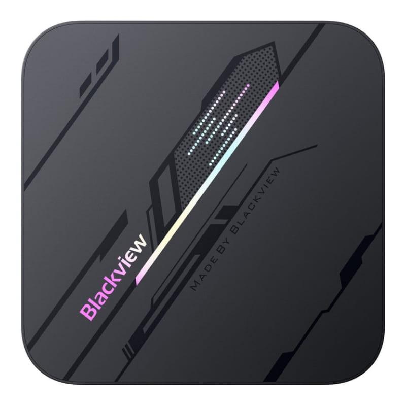 Mini PC Blackview MP100 Pro compacto en negro con detalles geométricos, logo Blackview en rosa y franja RGB superior con rejilla perforada