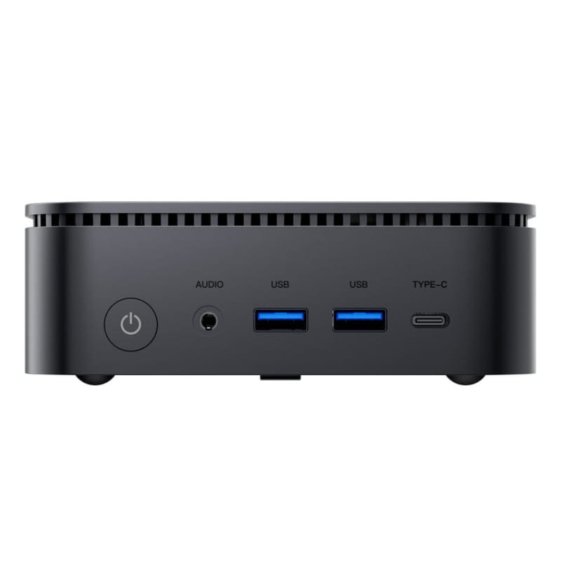Mini PC Blackview MP100 Pro compacto en negro con botón de encendido frontal, puerto de audio, 2 USB 3.0 y USB-C, rejilla de ventilación superior elegante