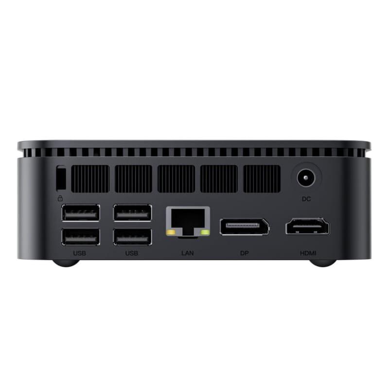 Blackview MP100 Pro mini PC, panel trasero con 4 puertos USB, LAN RJ45, DisplayPort, HDMI y entrada DC; rejillas de ventilación en la parte superior