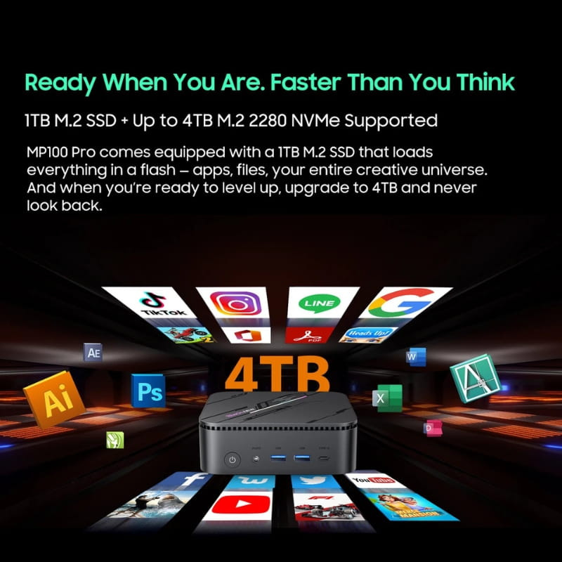 Mini PC Blackview MP100 Pro compacto en negro, frontal con rejilla y puertos. Destaca capacidad SSD M.2 NVMe hasta 4TB y rendimiento ágil para apps y juegos