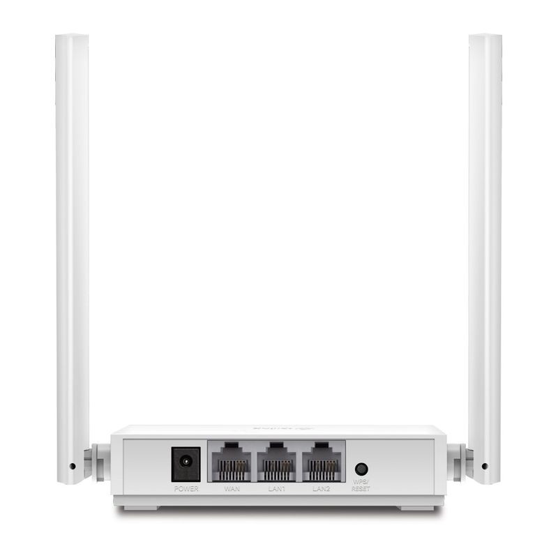 TP-Link TL-WR820N 2.4GHz 300Mbps — roteador branco com 2 antenas externas, portas WAN/LAN traseiras, botão WPS/Reset e entrada de energia.