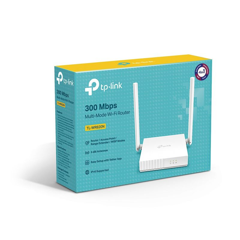 Caixa do TP-Link TL-WR820N: router branco com duas antenas externas, 300 Mbps, 2.4 GHz, destaque “Multi-Mode Wi-Fi Router” e recursos em destaque na