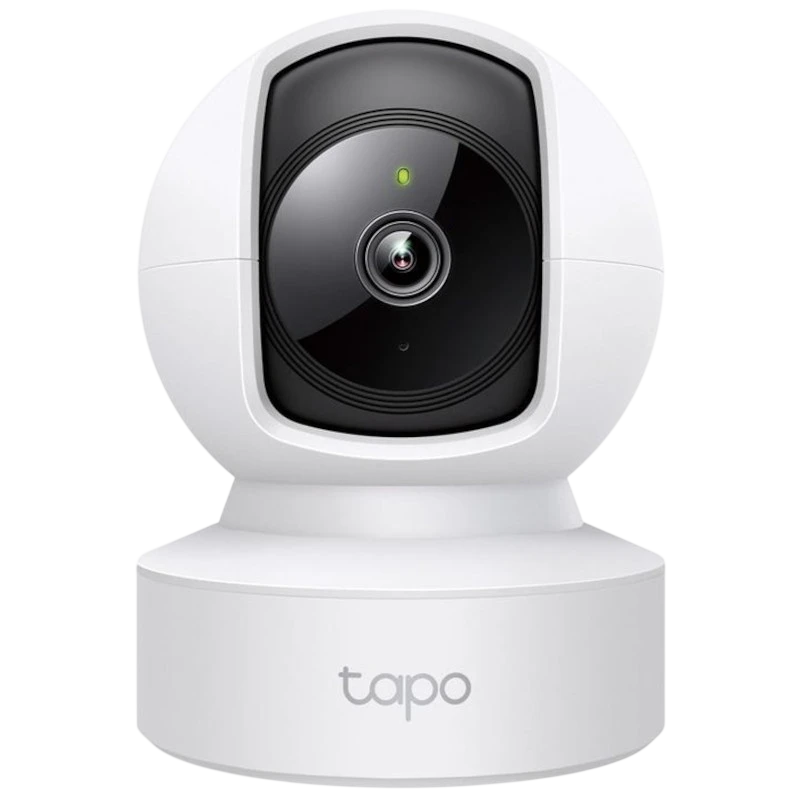 Cámara TP-Link Tapo C212 blanca, 2K 3MP, cuerpo esférico con lente central, LED de estado, base estable; giro e inclinación, visión nocturna e IA.