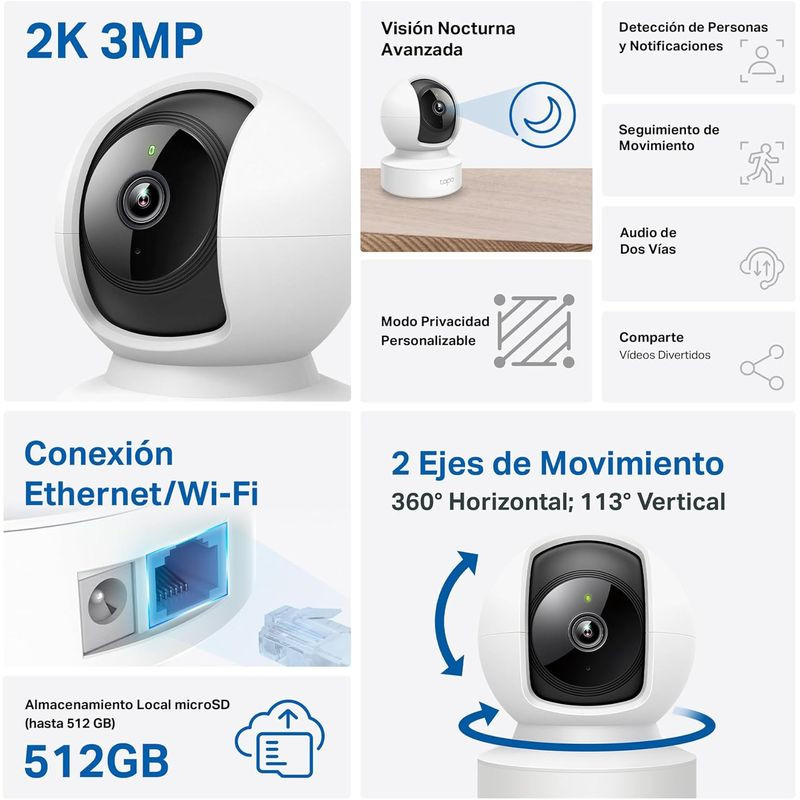 TP-Link Tapo C212 2K 3MP blanca: cámara P/T con visión nocturna, IA, seguimiento de movimiento, audio bidireccional, Wi‑Fi/Ethernet y microSD hasta 512GB.