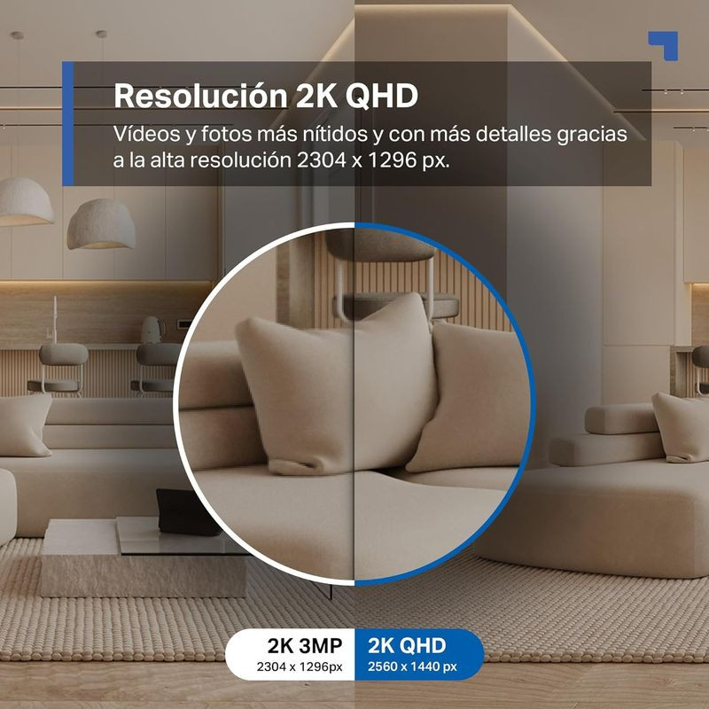 TP-Link Tapo C212 2K 3MP: cámara PT blanca con visión nocturna e IA; resolución 2304×1296 px, detalle nítido y zoom para interiores modernos.