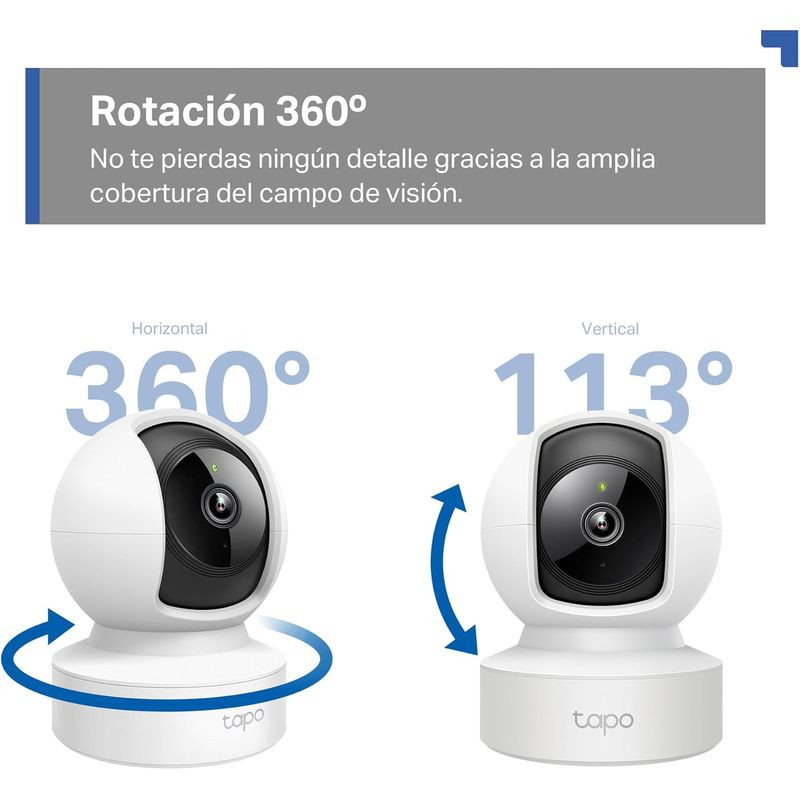 TP-Link Tapo C212 2K 3 MPX P/T, cámara blanca con giro 360° horizontal y 113° vertical, lente central negro, visión nocturna y diseño compacto sobre base.
