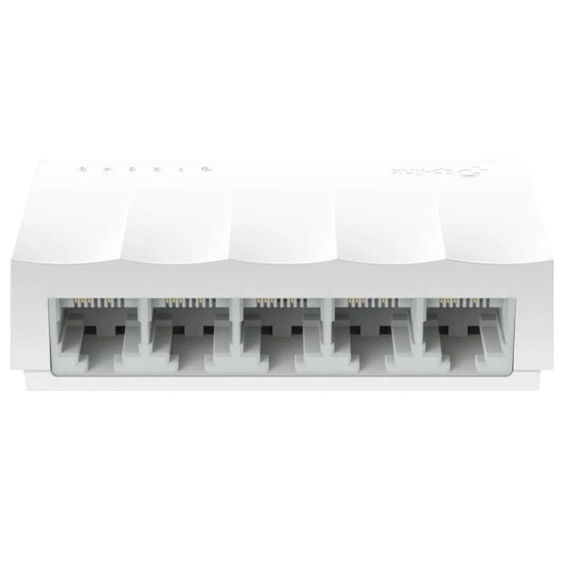 Switch TP-Link LS1005 blanco, 5 puertos Fast Ethernet 10/100. Diseño compacto de escritorio, carcasa blanca mate con LEDs superiores y ventilación discreta.