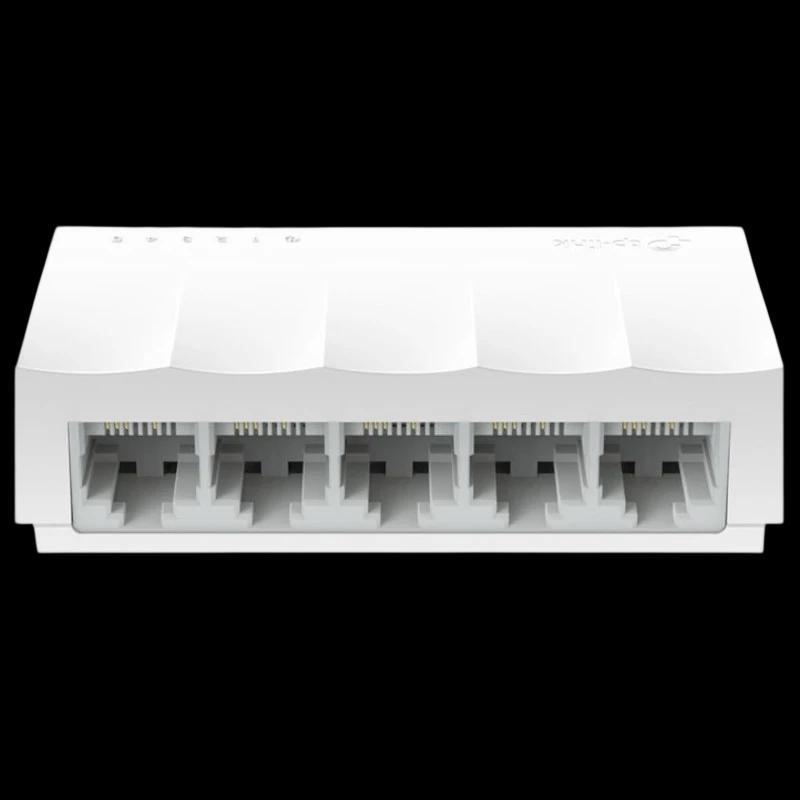 Switch TP-Link LS1005 blanco, 5 puertos Fast Ethernet 10/100. Diseño compacto de escritorio, carcasa blanca mate con LEDs superiores y ventilación discreta.