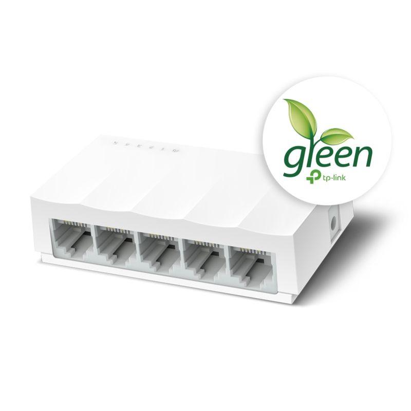 Switch TP-Link LS1005 blanco, 5 puertos Ethernet 10/100, diseño compacto de escritorio, carcasa mate con LED frontales y puertos alineados visibles.