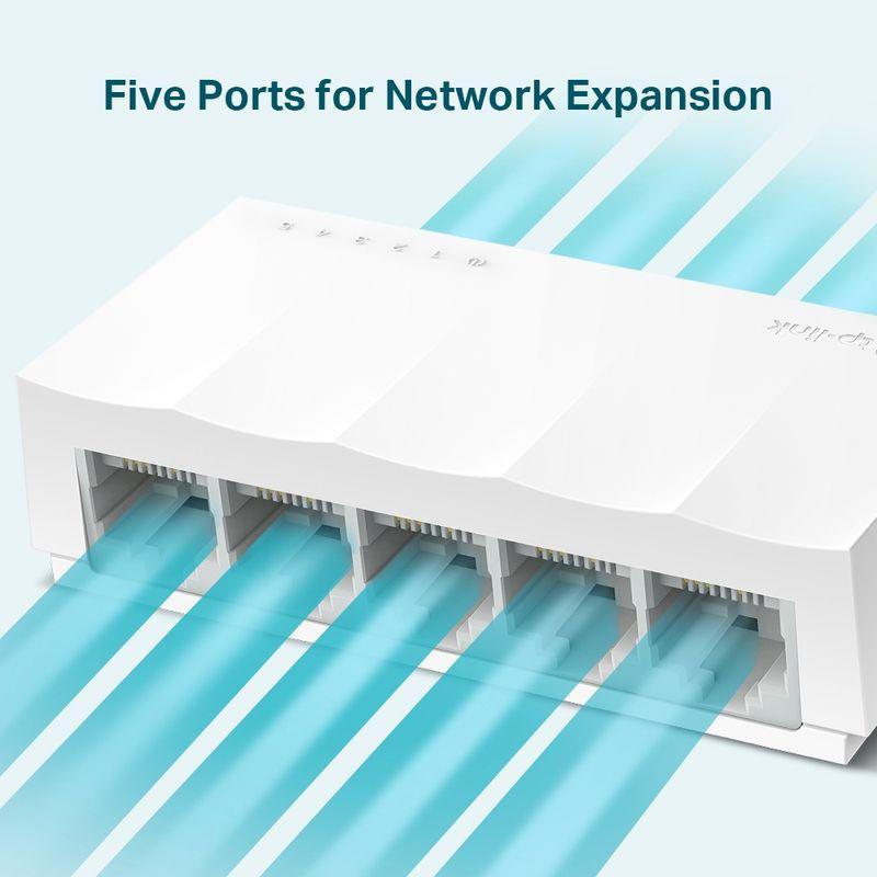 TP-Link LS1005: switch de escritorio blanco con 5 puertos Fast Ethernet 10/100, diseño compacto y LEDs de estado, ideal para ampliar red en casa u oficina.