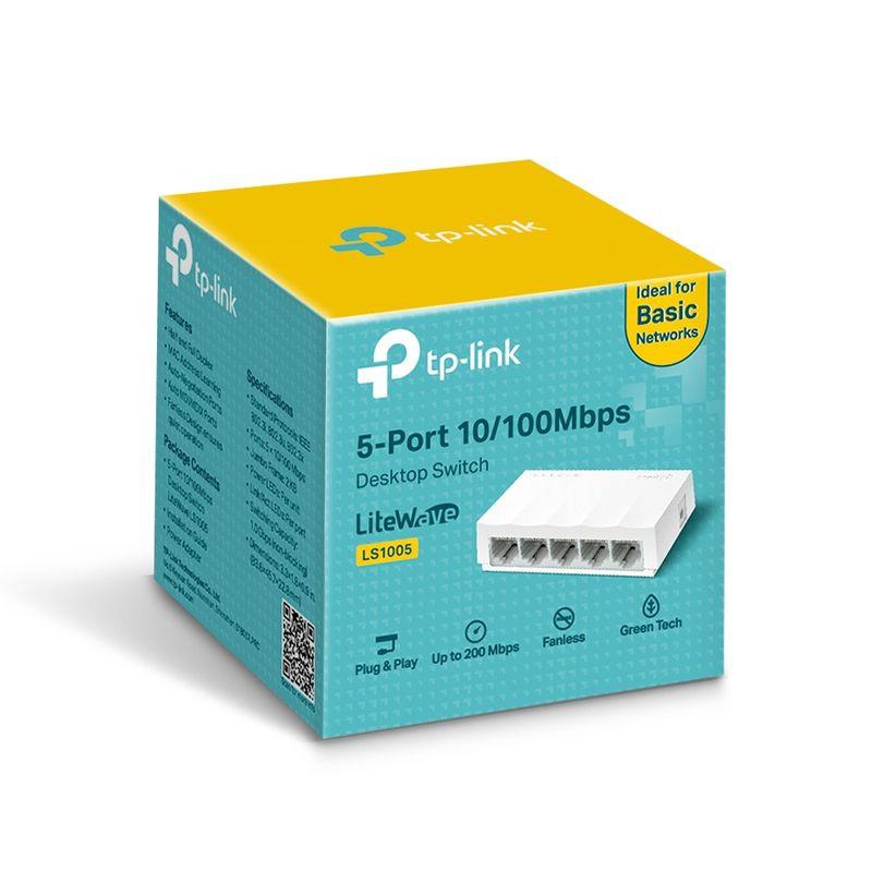 Switch TP-Link LS1005 blanco, 5 puertos Ethernet 10/100, diseño compacto sin ventilador, Plug & Play, hasta 200 Mbps, ideal para redes básicas.