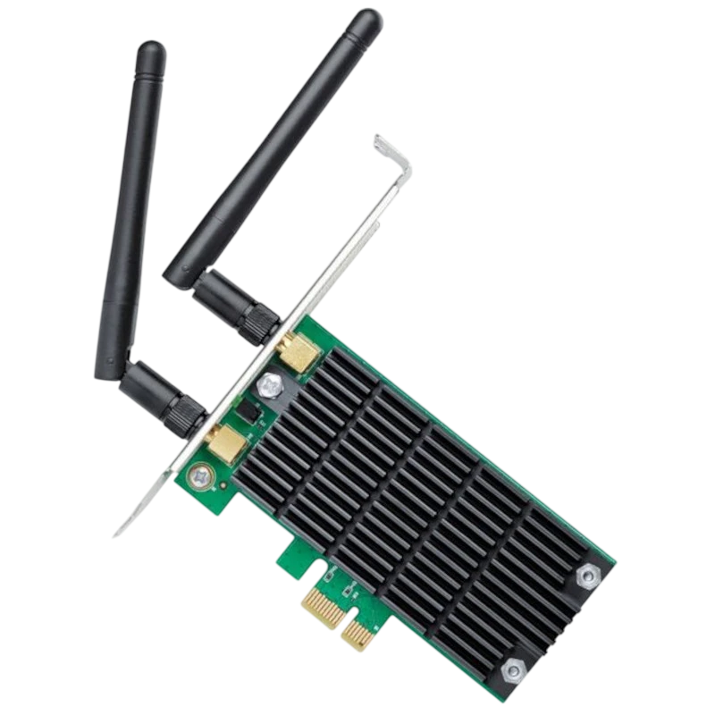 TP-Link Archer T4E WiFi Dual - Adaptador PCI Express con dos antenas externas ajustables y disipador negro en tarjeta verde, interfaz PCIe x1.
