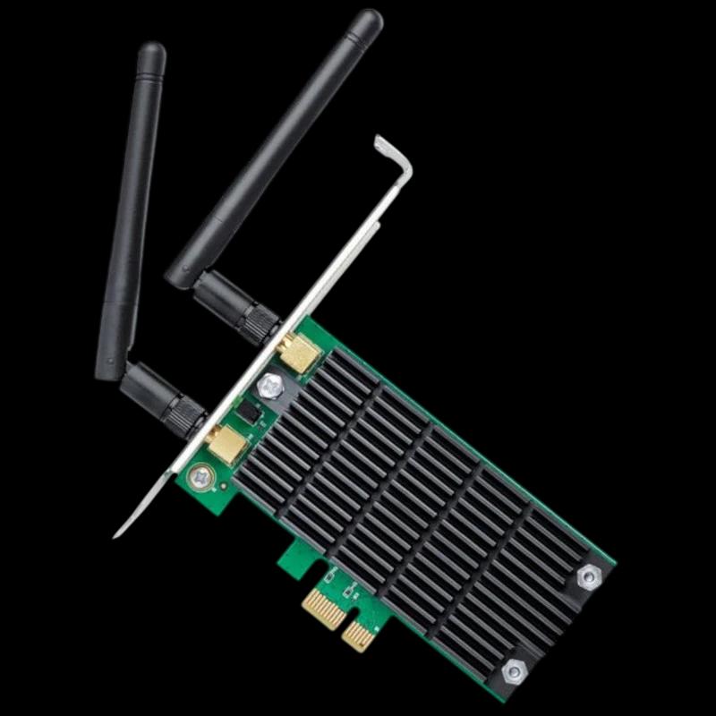 TP-Link Archer T4E WiFi Dual - Adaptador PCI Express con dos antenas externas ajustables y disipador negro en tarjeta verde, interfaz PCIe x1.