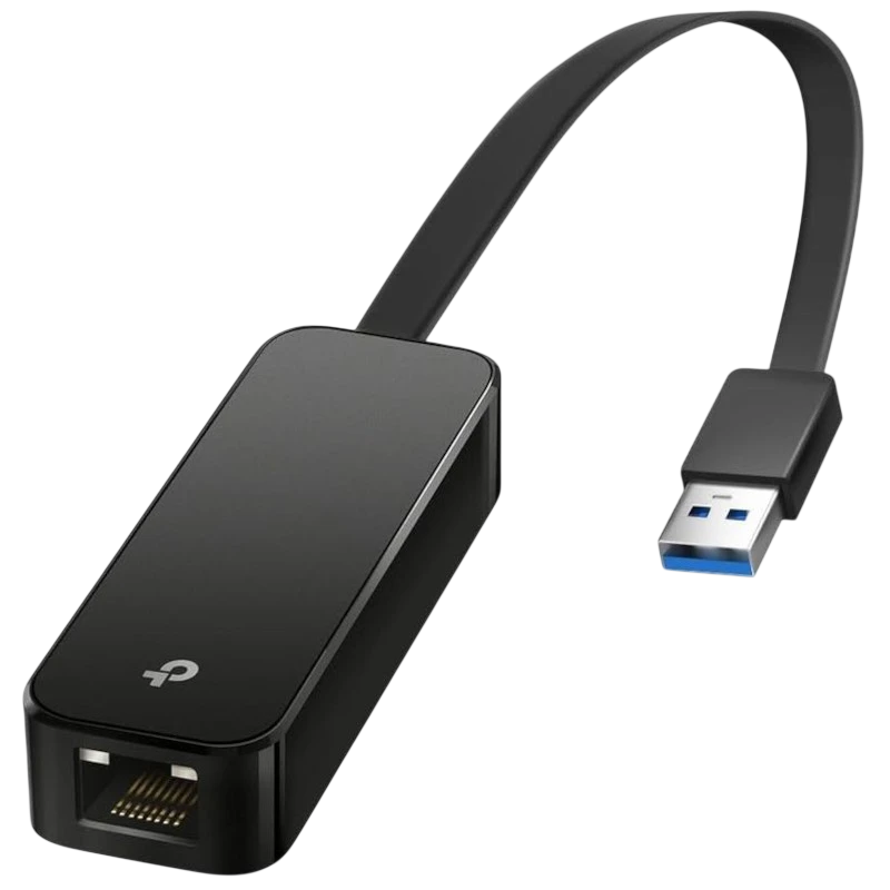 TP-Link UE306: adaptador compacto negro con cable corto, conector USB 3.0 azul y puerto RJ45 Gigabit, diseño minimalista y acabado brillante.