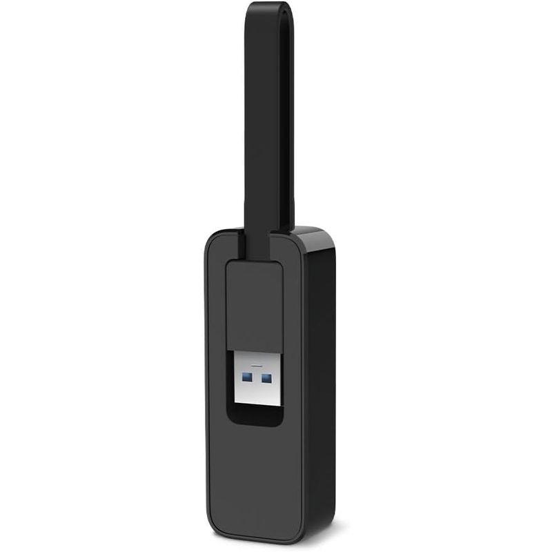 TP-Link UE306: adaptador USB 3.0 a Ethernet Gigabit, diseño compacto negro con conector USB retráctil y cable corto integrado.