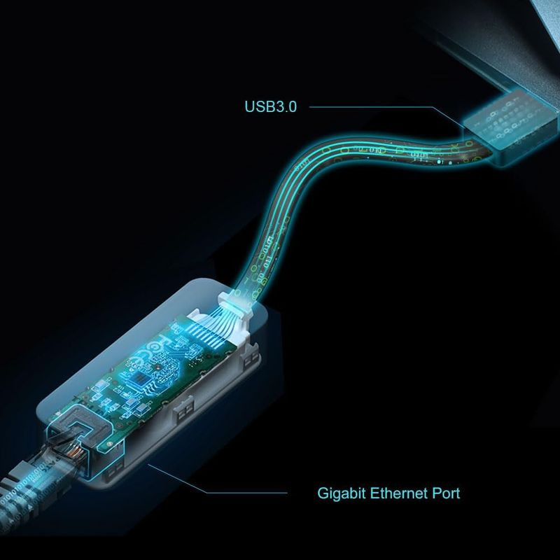 Adaptador TP-Link UE306: USB 3.0 a puerto Ethernet Gigabit, diseño compacto con circuito visible y cable corto, ideal para conexión rápida y estable.