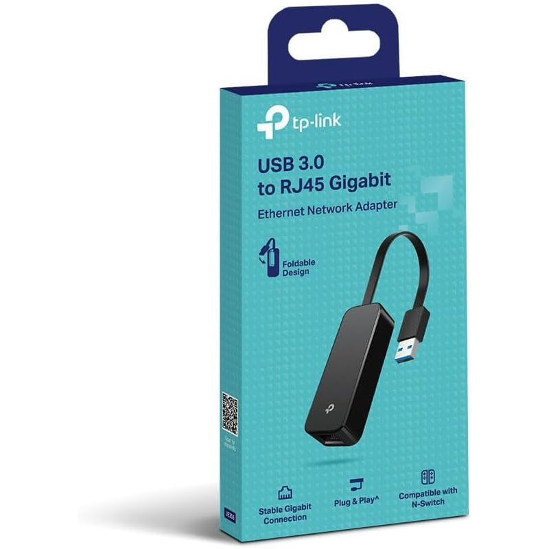 Adaptador TP-Link UE306: USB 3.0 a RJ45 Gigabit, diseño plegable, cable corto negro, conector USB azul y puerto Ethernet, compatible Plug & Play.