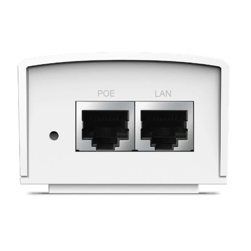 Adaptador PoE pasivo blanco con dos puertos RJ45 etiquetados POE y LAN, indicador LED lateral y diseño compacto para redes Gigabit 48V.