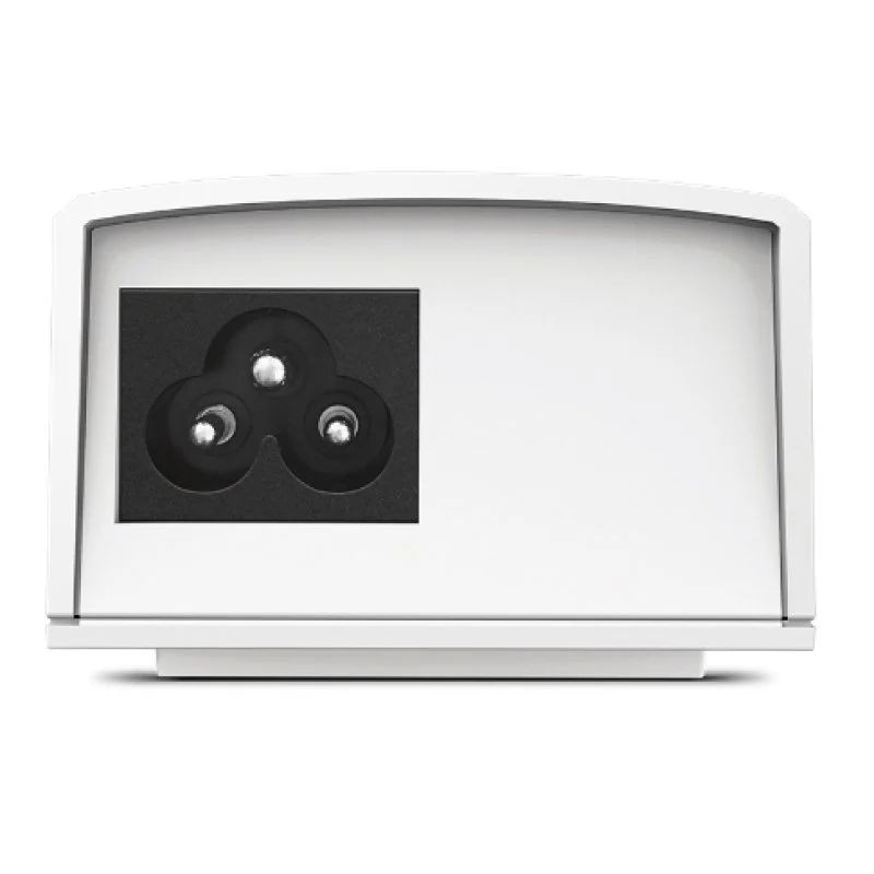 Caja blanca TP-Link TL-POE4824G con panel negro y tres conectores metálicos circulares; diseño compacto y minimalista para adaptador PoE pasivo 48V.